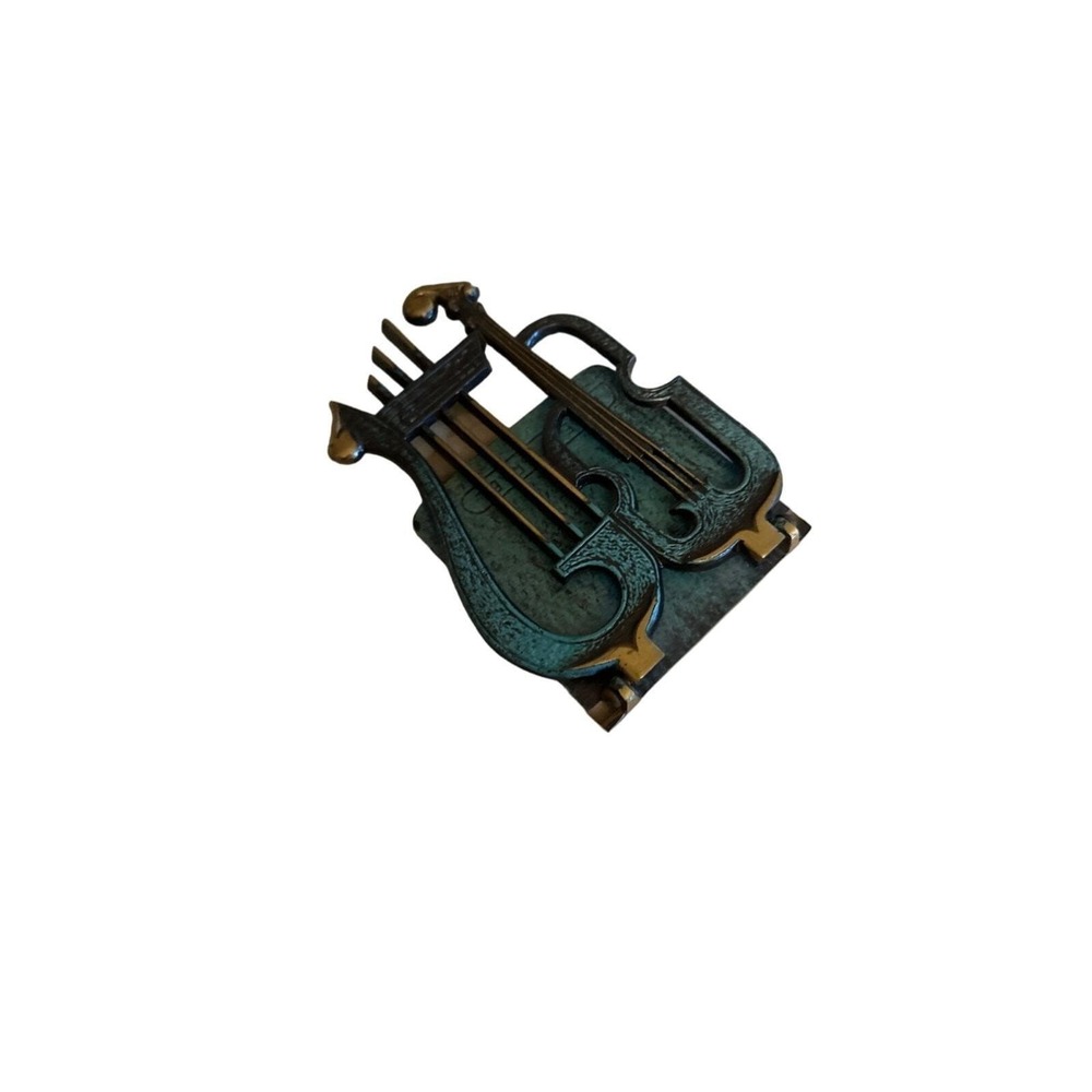 Vintage‎ Brass Musical Bookend Green Verdigris Lyre Violin Made in Israel No 474 - Picture 6 of 7